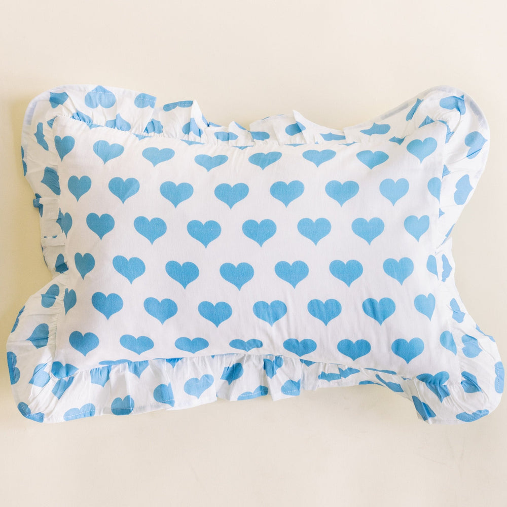Cotton Ruffle Pillow Sham in Blue Hearts
