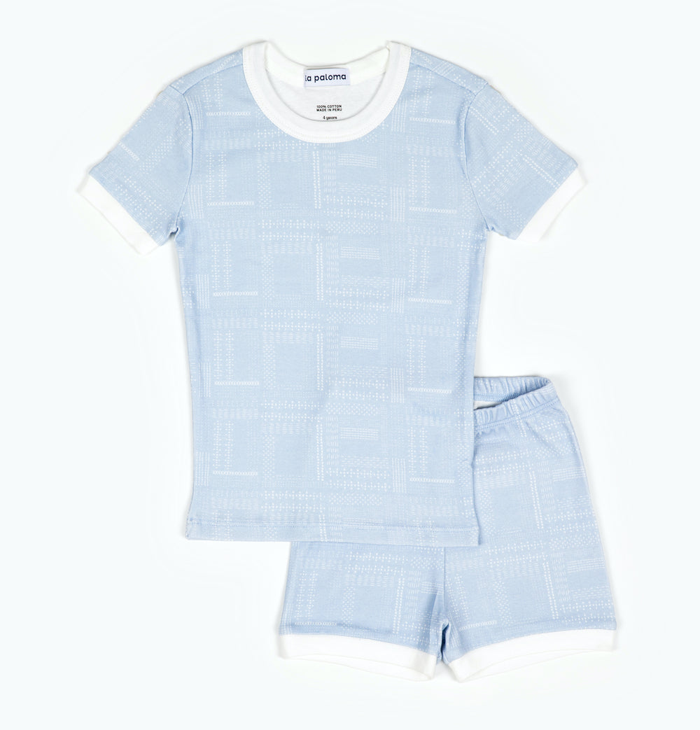 Kids Cotton Short Set Pajamas in Quilted Chambray
