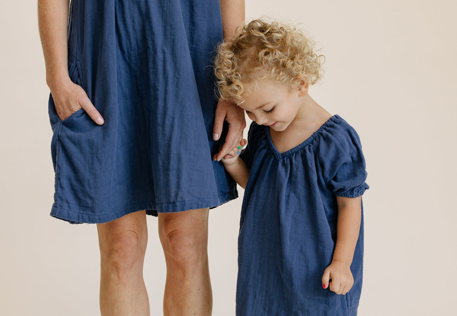 matching cotton house dresses for mommy and me in indigo cotton gauze