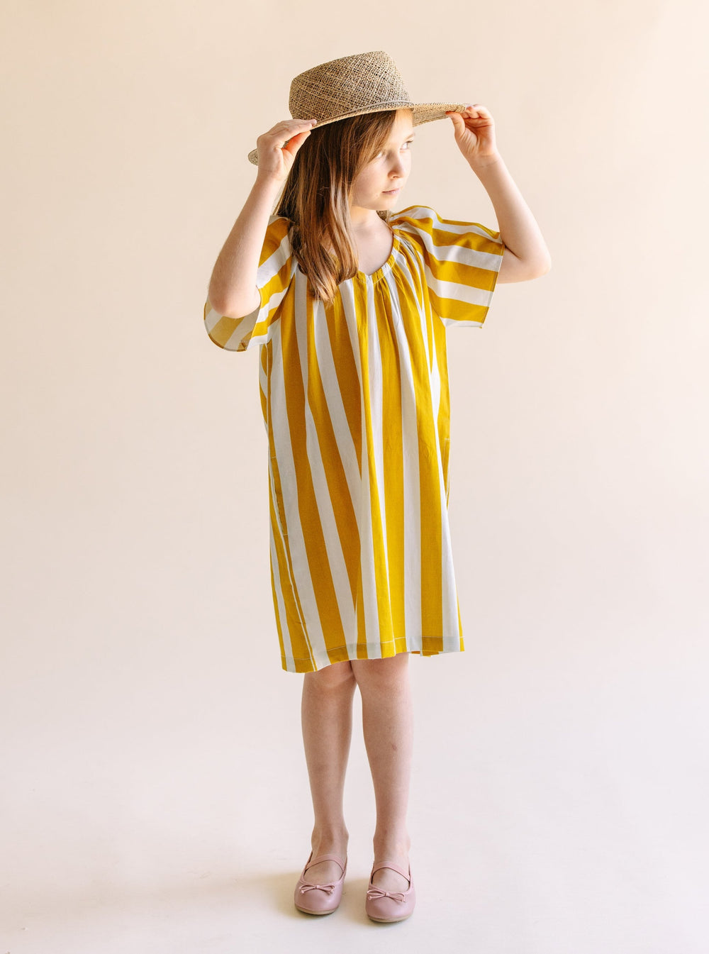 Girl's Mae Cotton House Dress in Golden Stripe