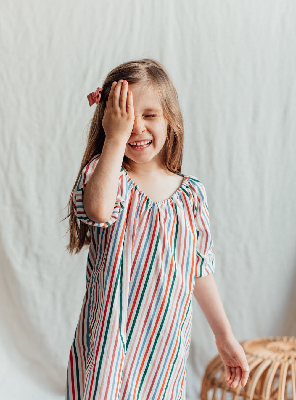 Girl's Colorful Striped Nightgown. Available in Sizes 2T-3T, 4-5, 6-7 and 8-9. Both Long Sleeve and Short Sleeve. 100% Soft Cotton Nightgown for Toddlers and Kids.
