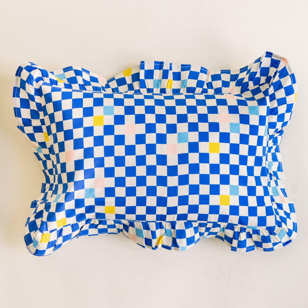 Cotton Ruffle Pillow Sham in Cobalt Checkers