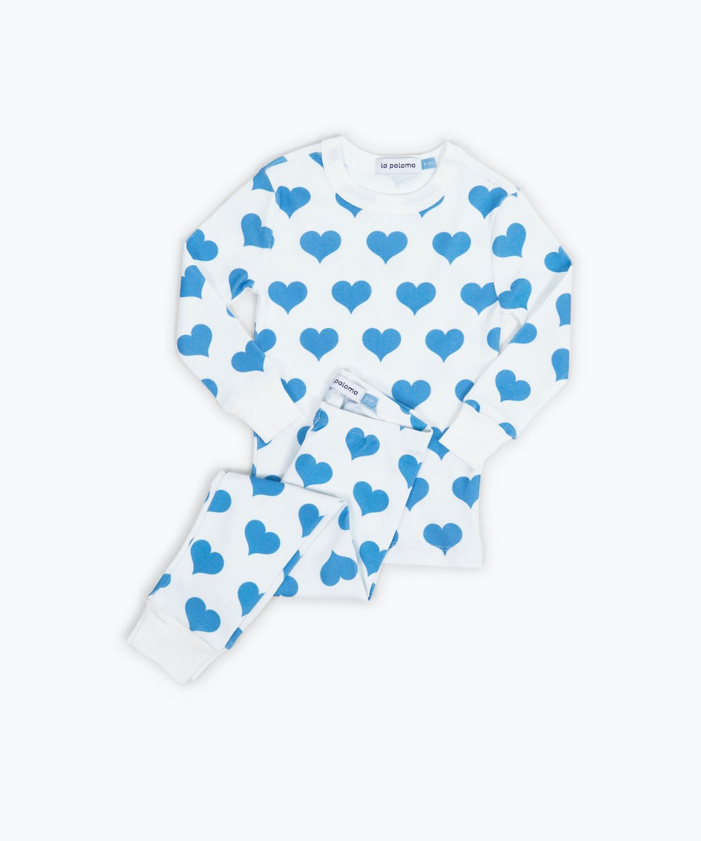 Kids Cotton Pajama Set in Blue Hearts