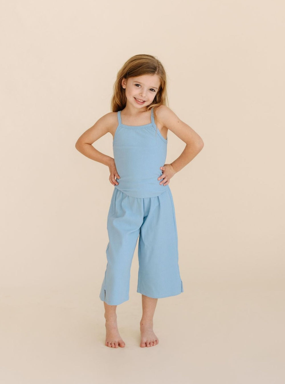 Girl's Ribbed Knit Cotton Set in French Blue