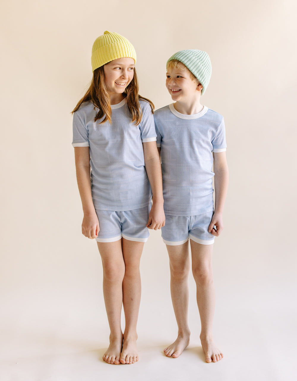 Kids Cotton Short Set Pajamas in Quilted Chambray