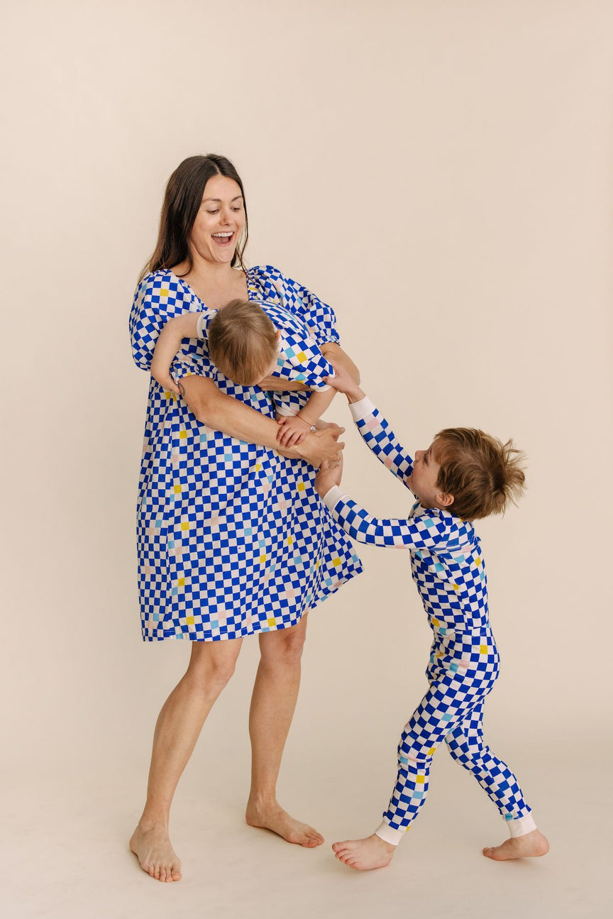 Organic Cotton Pajama Set in Cobalt Checker